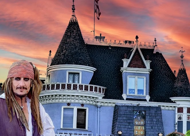 Capt'n Jack Spareribs outside the real Magic Castle building at sunset.