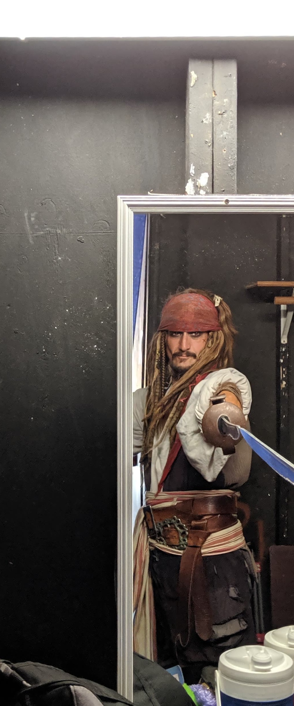 Capt'n Jack Spareribs backstage at the Historic Fillmore, San Francisco, sword drawn.