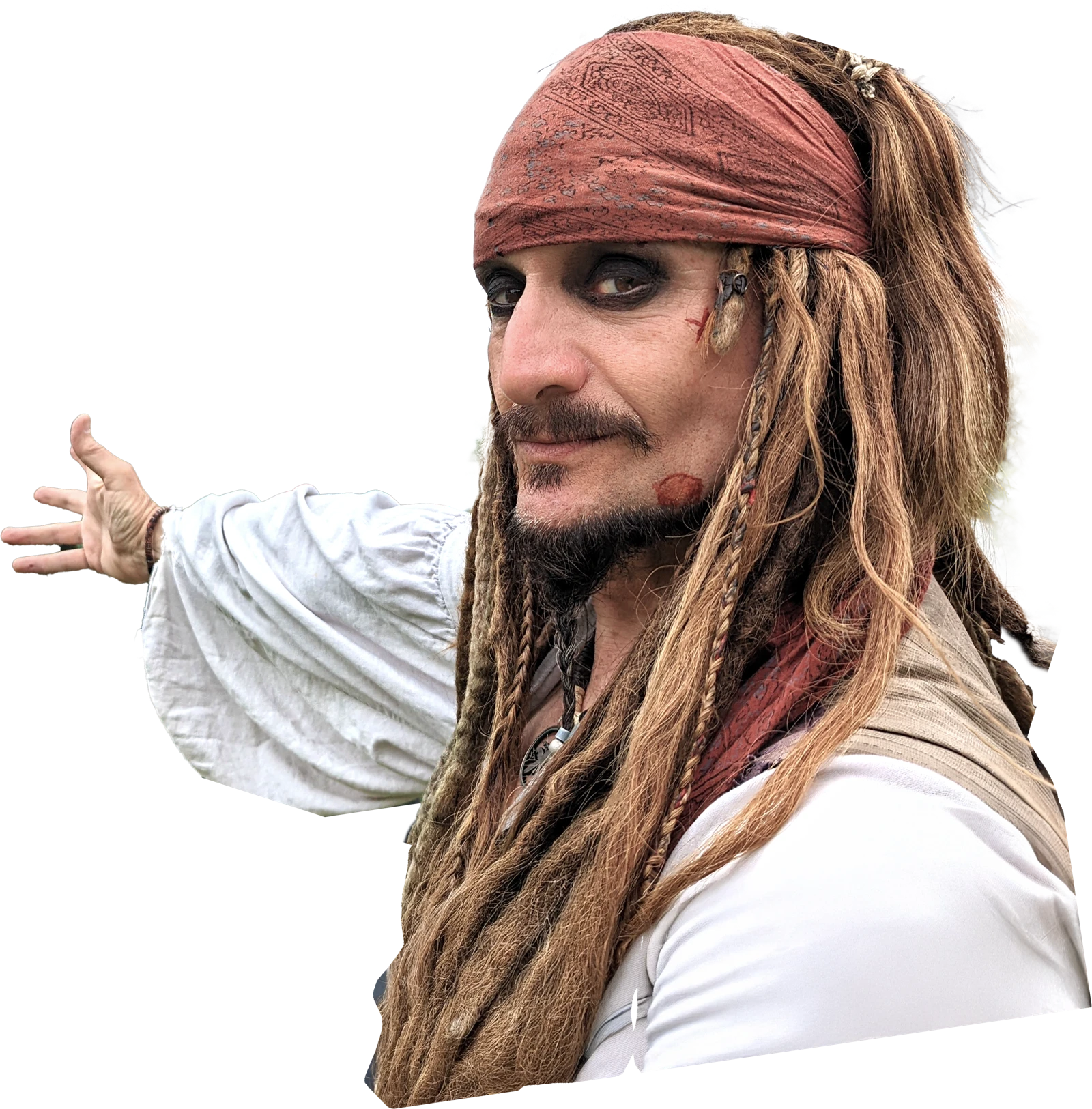 Capt'n Jack Spareribs in full pirate costume, reaching toward the ship.